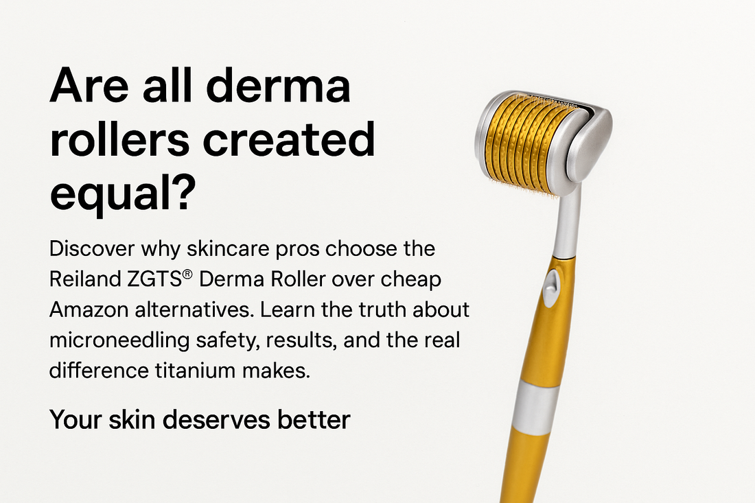 Elegant gold Reiland ZGTS® Derma Roller displayed in a premium setting — a luxurious microneedling tool crafted for radiant skin, smoothing scars, and restoring youthful confidence.
