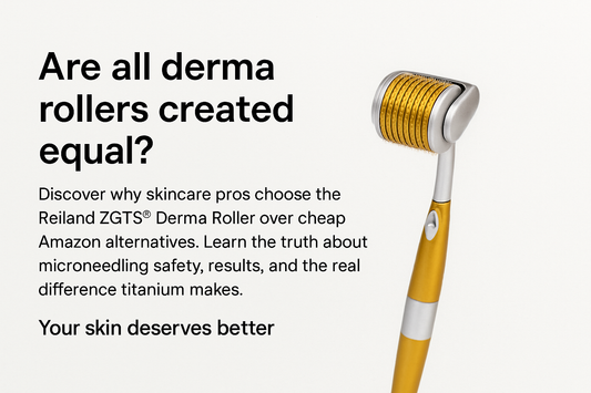 Elegant gold Reiland ZGTS® Derma Roller displayed in a premium setting — a luxurious microneedling tool crafted for radiant skin, smoothing scars, and restoring youthful confidence.