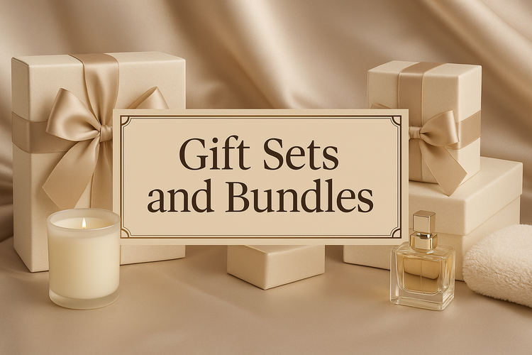 Elegant high-end gift sets and skincare bundles displayed on a neutral backdrop with soft lighting, highlighting luxury packaging and spa-clinic aesthetics, without any visible brand names.