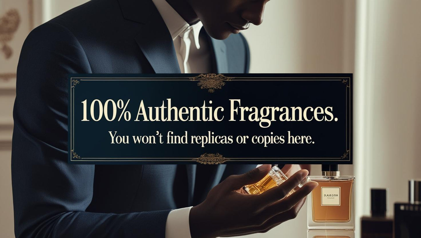 A stylish man in a navy suit holding a cologne bottle with a bold message overlay reading "100% Authentic Fragrances. You won’t find replicas or copies here" — conveying luxury, trust, and exclusivity.