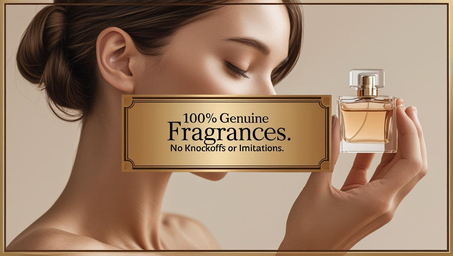 Luxury banner featuring a woman holding a designer perfume bottle with a gold frame overlay reading “100% Genuine Fragrances. No Knockoffs or Imitations.” Designed for trust-building on fragrance product pages, TikTok Shop, and Google Shopping feeds.