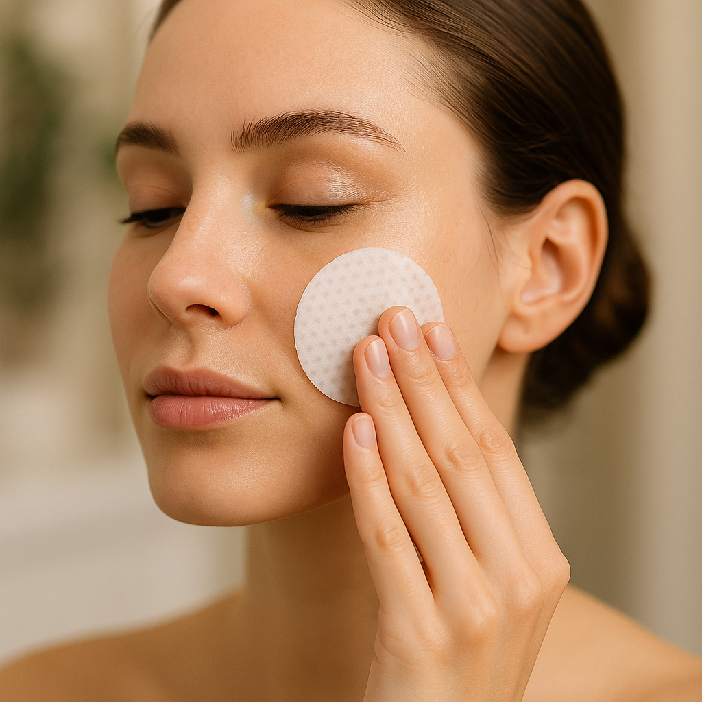 Woman using exfoliating facial pad on cheek – Reiland skincare AHA/BHA glow