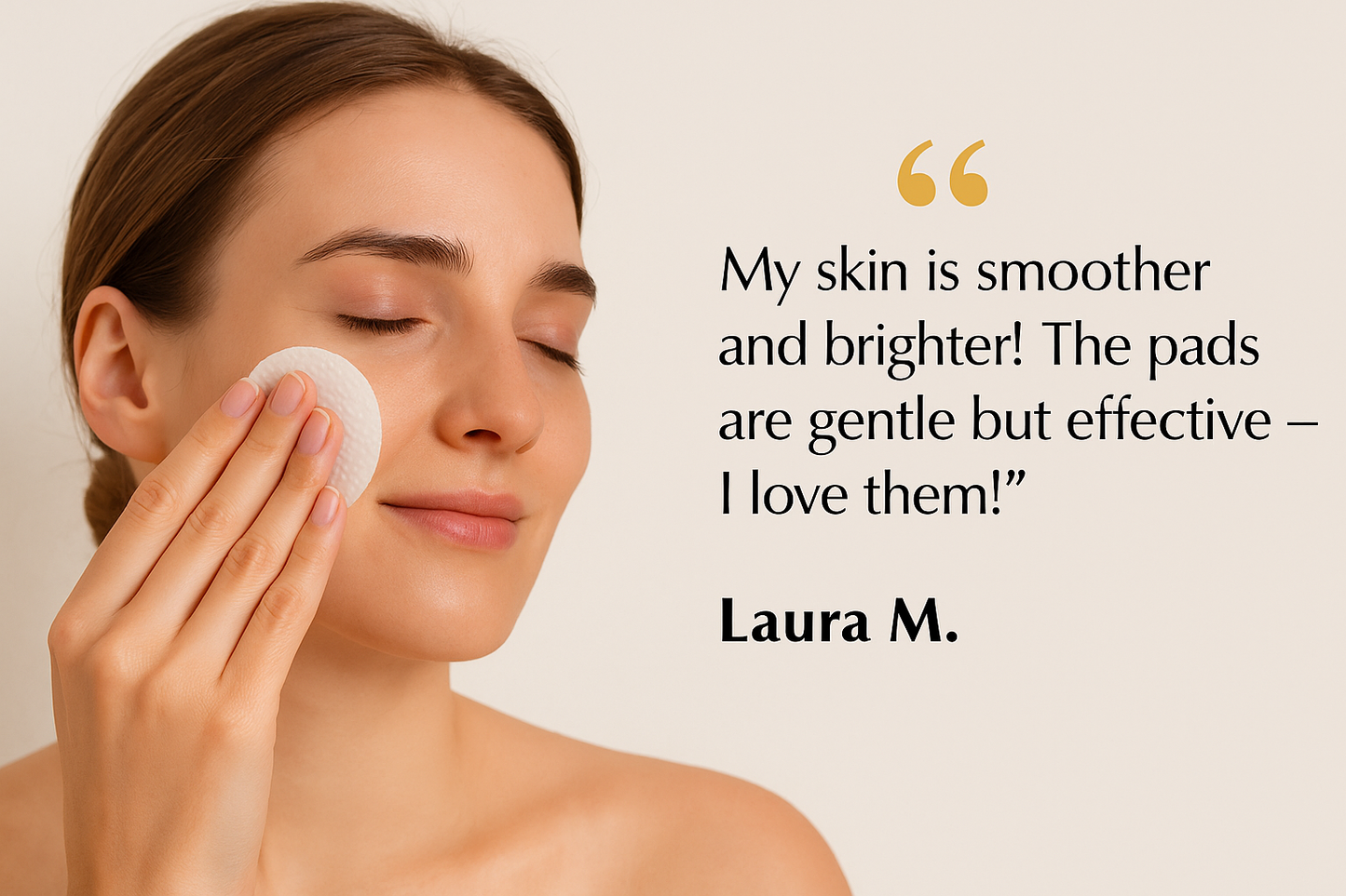 Testimonial image of Laura M. applying Reiland Exfoliating Facial Pad with a quote praising smoother, brighter skin. Highlights gentle yet effective AHA/BHA skincare results.