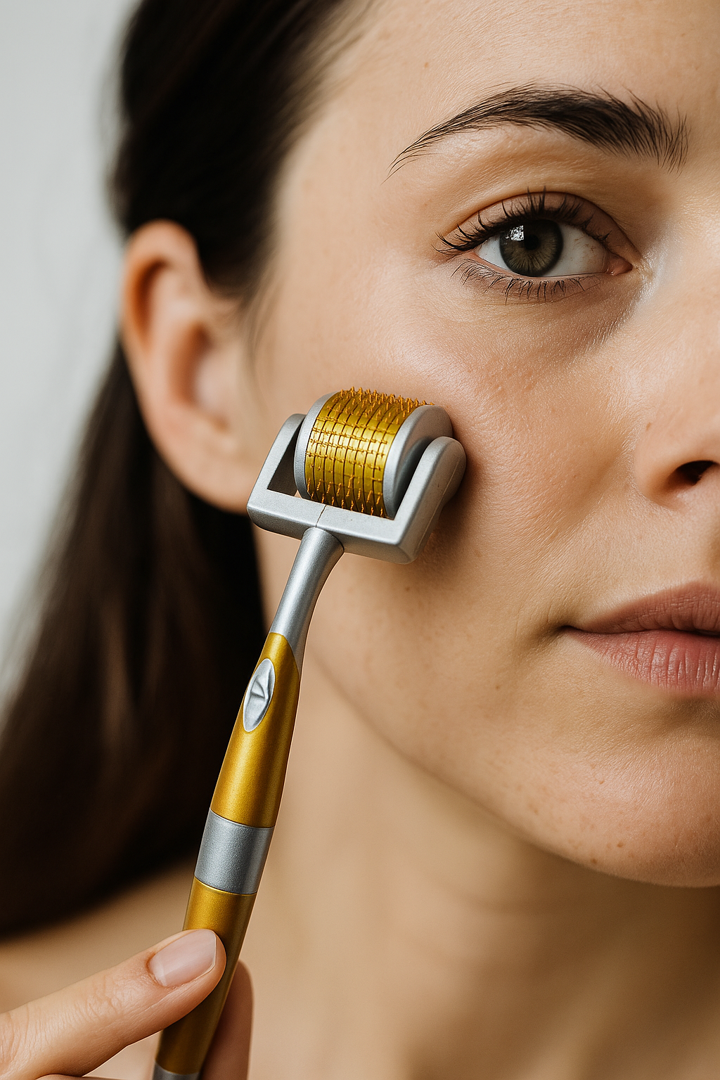 Macro shot of ZGTS Derma Roller touching skin – showing precision microneedles in gold and silver handle.