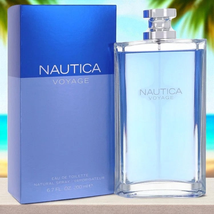 Nautica Voyage Cologne for Men in a large 6.7 oz clear bottle, displayed beside its matching blue box against a vibrant tropical beach background, evoking fresh, aquatic, and coastal energy.