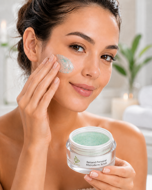 Woman applying Reiland Personal Microderm Scrub with gentle exfoliating beads for smooth, refreshed skin.
