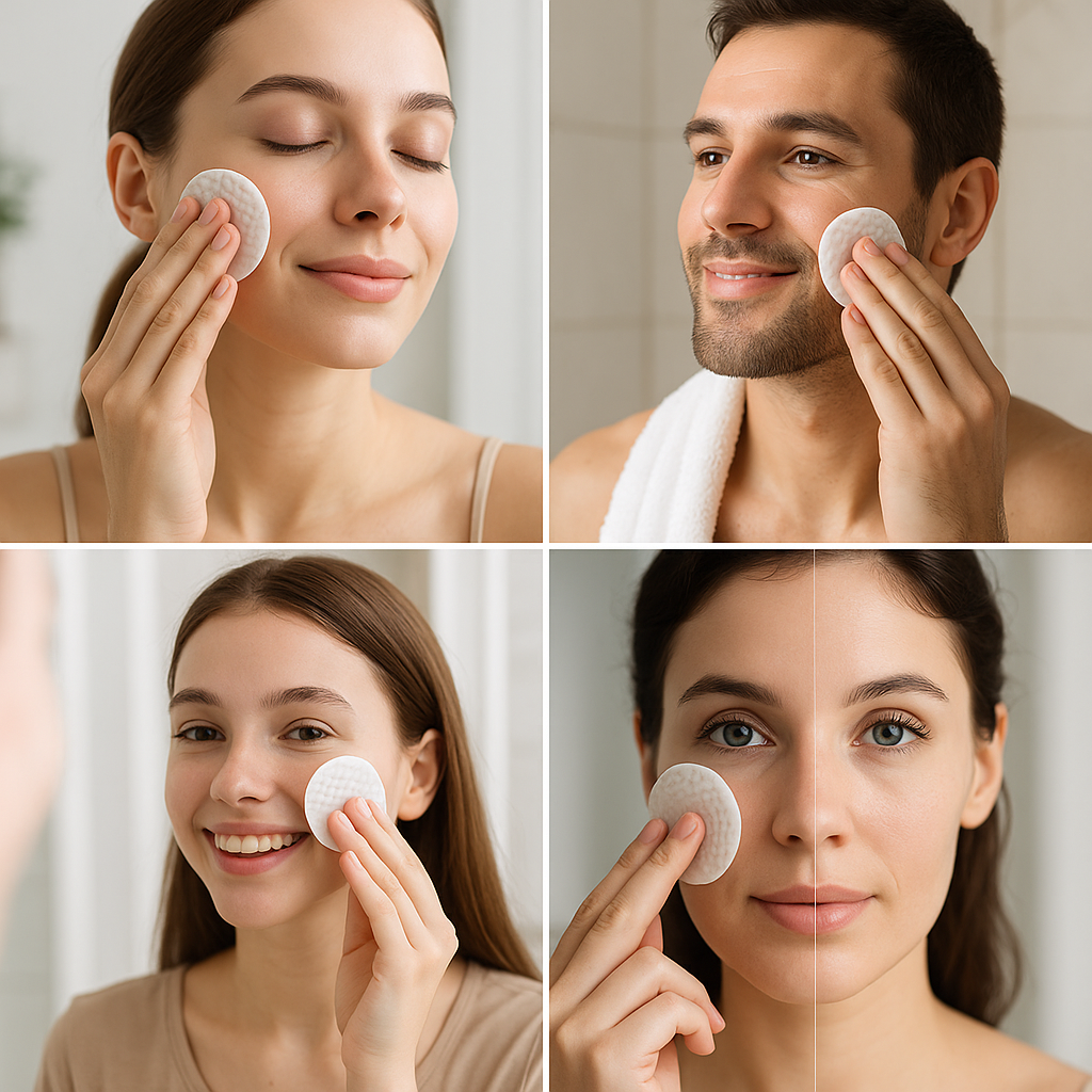 Collage of diverse people using exfoliating facial pads – AHA BHA Niacinamide skincare routine by Reiland Beauty Products. Features men and women applying toner pads for glowing, clear skin.