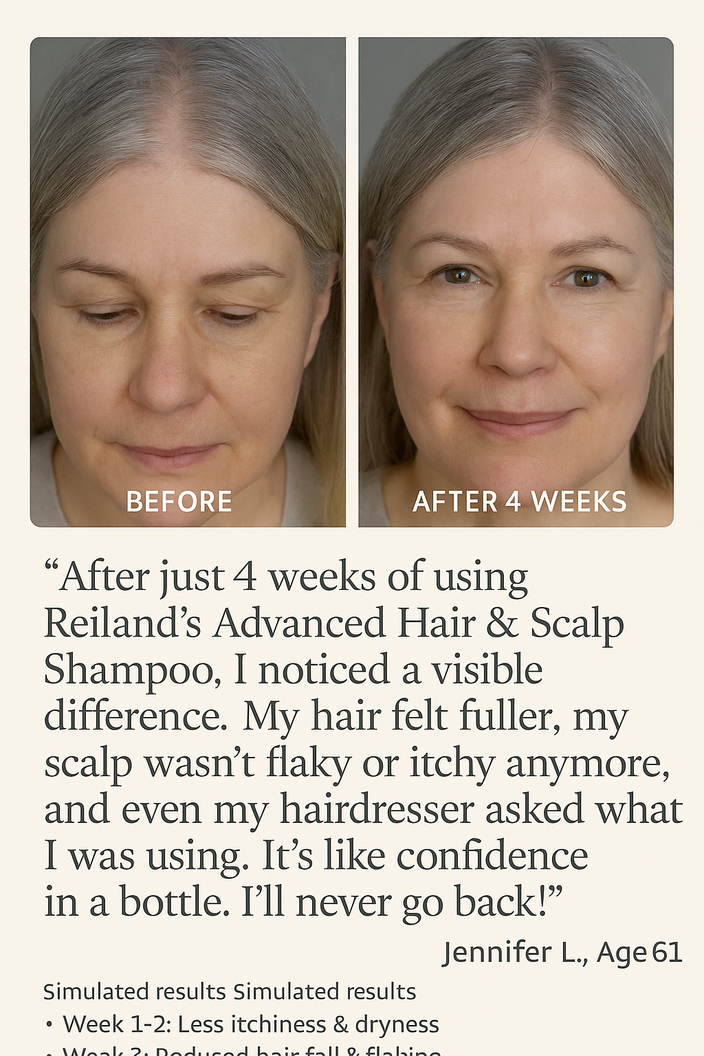 Before and after hair growth results of Jennifer L., age 61, using Reiland Advanced Hair & Scalp Shampoo. Noticeable reduction in thinning areas and improved scalp health after 4 weeks. Features natural ingredients including Postbiotics, Oat Amino Acids, and Salicylic Acid.