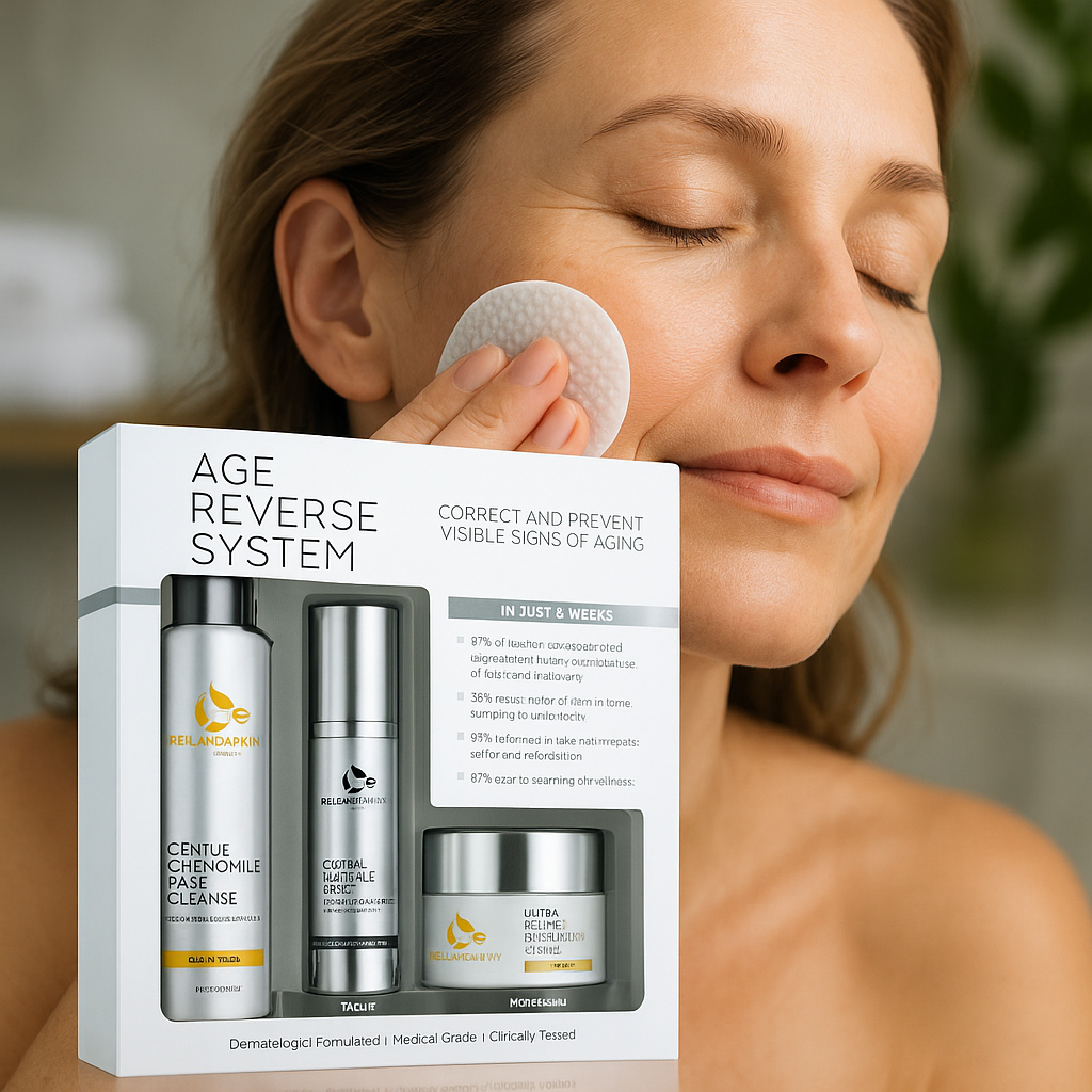 Middle-aged woman applying Reiland Age Reverse System with cotton pad, showcasing the complete anti-aging skincare set including cleanser, serum, and moisturizer. Clinically tested and dermatologist formulated.