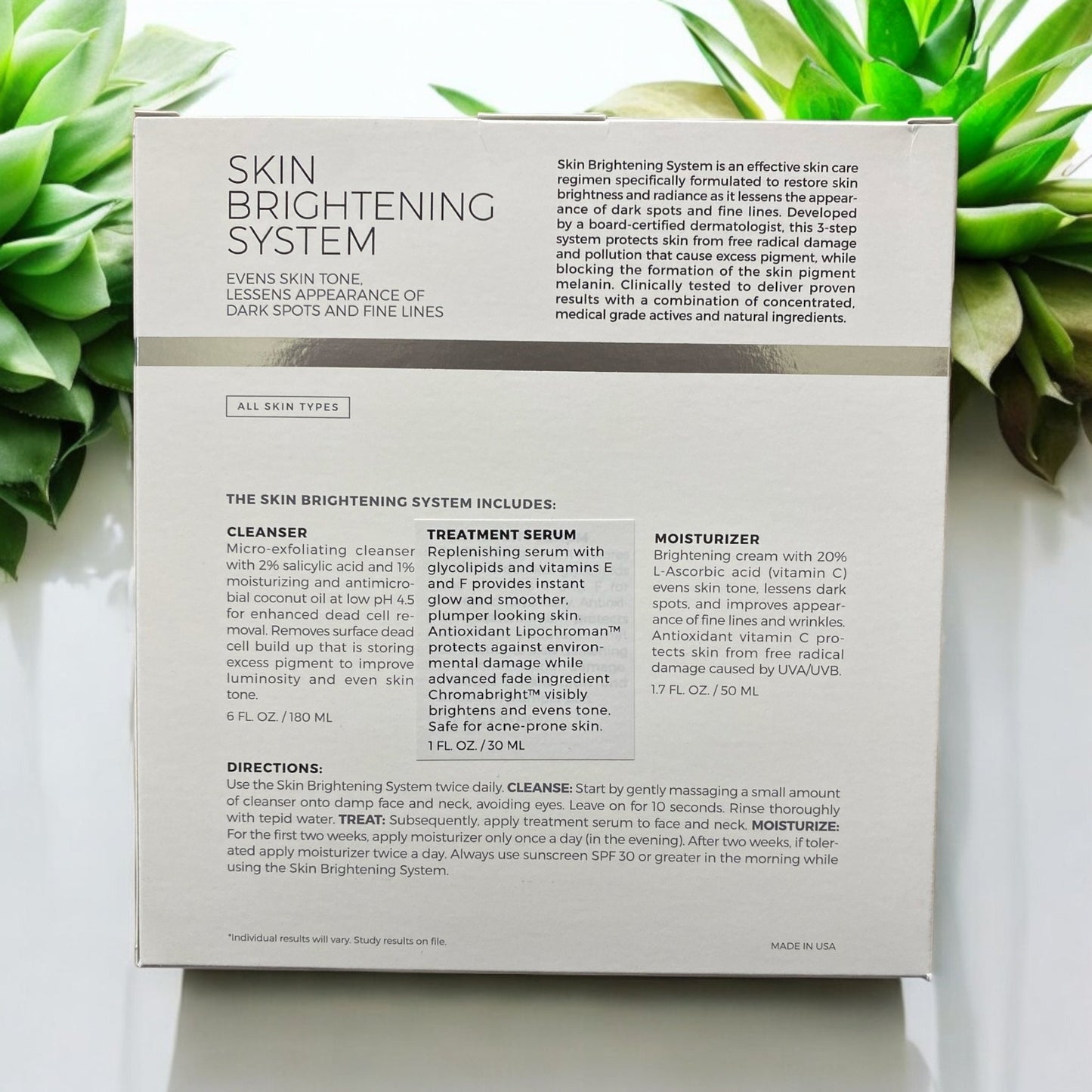 Back of Reiland Advanced Skin Brightening System packaging showing detailed descriptions of the cleanser, treatment serum, and moisturizer, including ingredients like salicylic acid, vitamin C, niacinamide, and Chromabright. Includes directions and key benefits for dark spots, fine lines, and uneven tone.