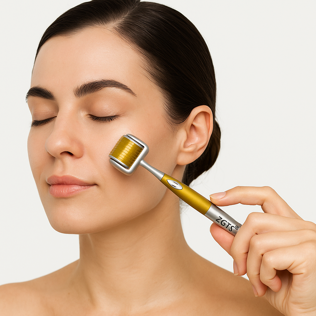 Elegant woman smiling with eyes closed while using ZGTS Derma Roller – radiant skincare routine.