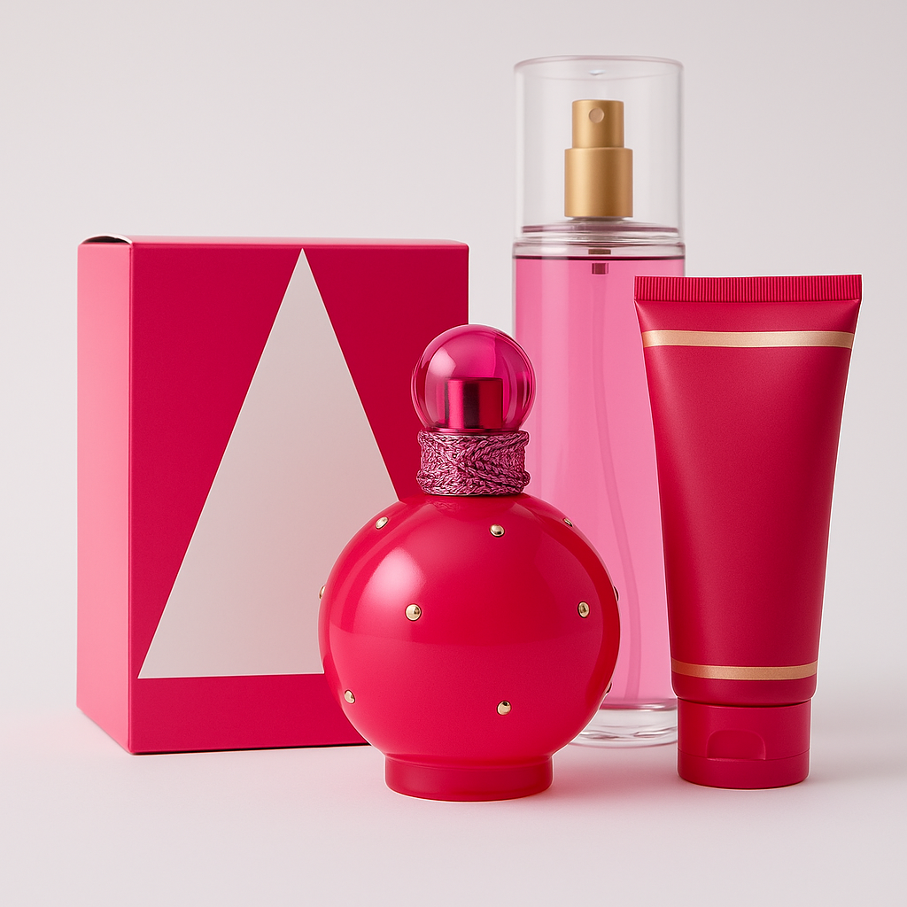 A feminine fragrance set featuring a pink round perfume bottle, matching mist spray, shower gel tube, and elegant gift box. Perfect for women who love sweet, floral scents.