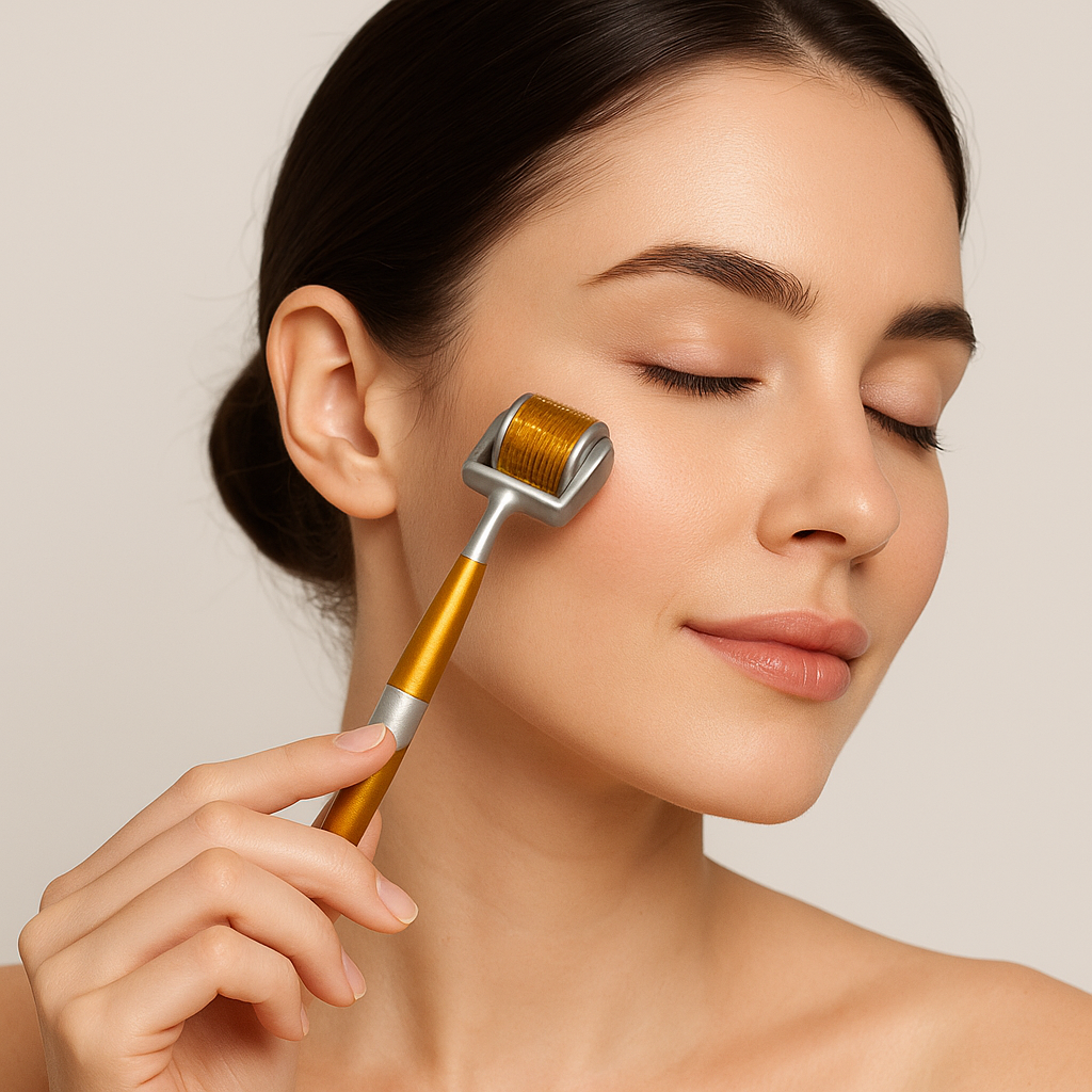 Close-up of woman using ZGTS Derma Roller on face – gentle microneedling for smoother skin.