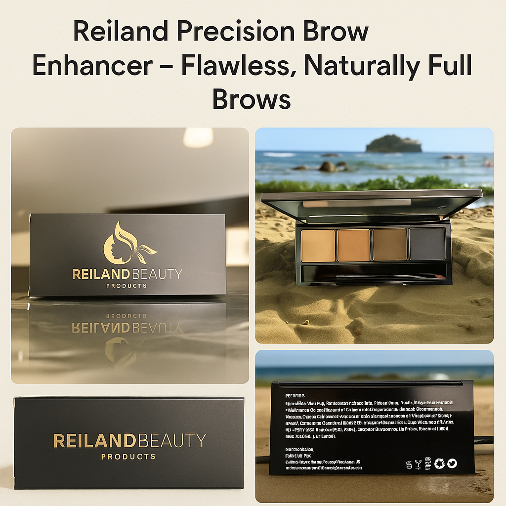 Reiland Precision Brow Enhancer palette shown with sleek packaging, four natural eyebrow powder shades, and product label for high-pigment, smudge-proof brows