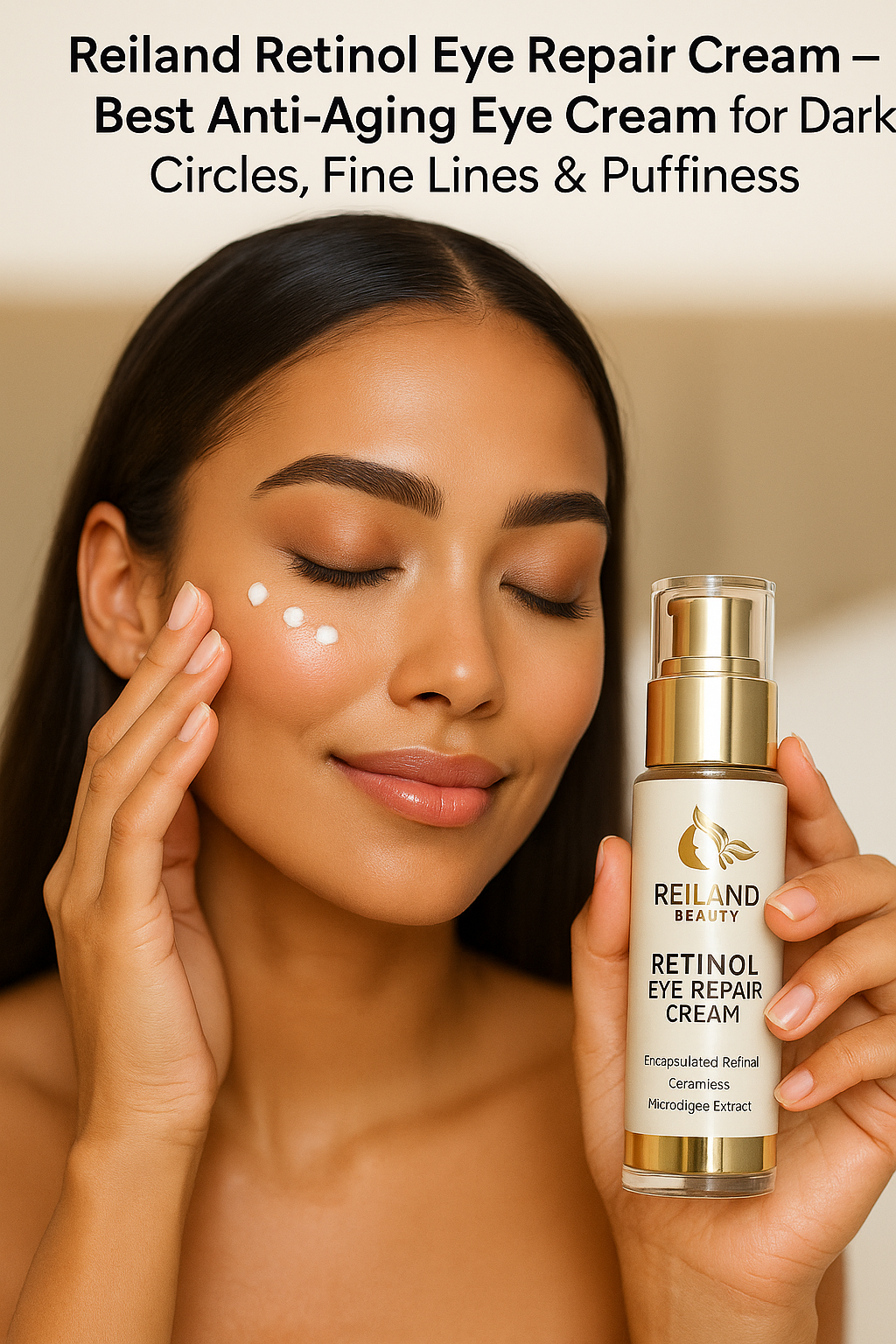 Woman gently applying Reiland Retinol Eye Repair under eyes to reduce wrinkles, smooth fine lines, and hydrate delicate skin — anti-aging eye cream for brighter, firmer eyes.
