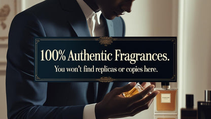 A stylish man in a navy suit holding a cologne bottle with a bold message overlay reading "100% Authentic Fragrances. You won’t find replicas or copies here" — conveying luxury, trust, and exclusivity.