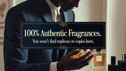 A stylish man in a navy suit holding a cologne bottle with a bold message overlay reading "100% Authentic Fragrances. You won’t find replicas or copies here" — conveying luxury, trust, and exclusivity.