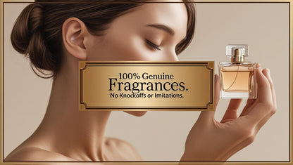 Luxury banner featuring a woman holding a designer perfume bottle with a gold frame overlay reading “100% Genuine Fragrances. No Knockoffs or Imitations.” Designed for trust-building on fragrance product pages, TikTok Shop, and Google Shopping feeds.