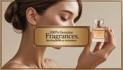 Luxury banner featuring a woman holding a designer perfume bottle with a gold frame overlay reading “100% Genuine Fragrances. No Knockoffs or Imitations.” Designed for trust-building on fragrance product pages, TikTok Shop, and Google Shopping feeds.