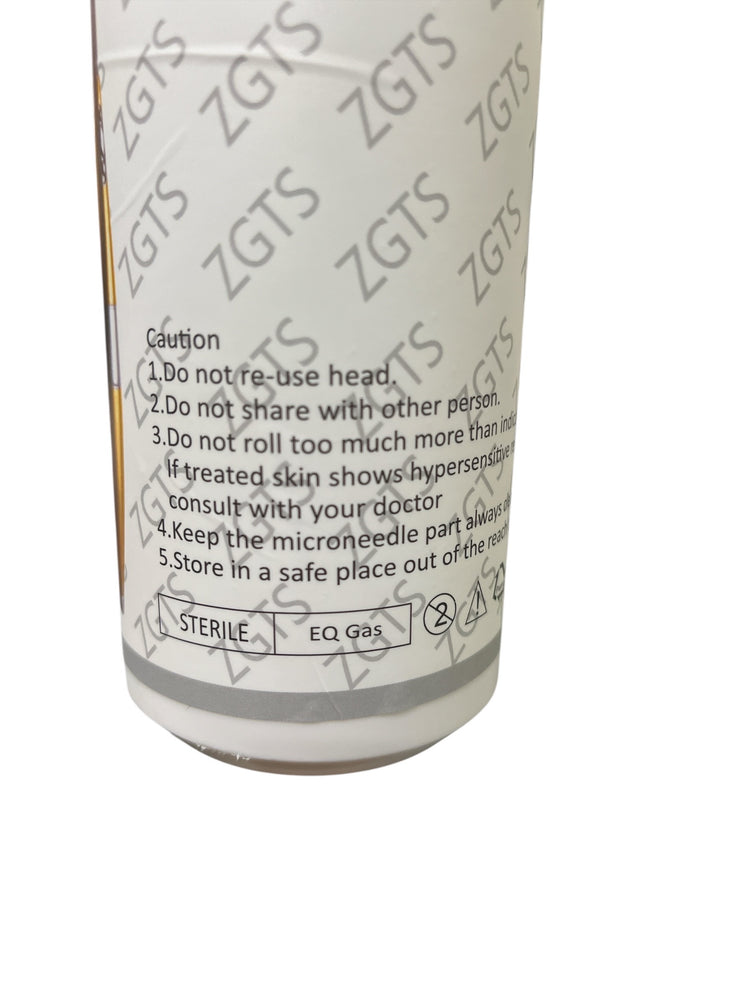 Caution label and usage instructions for ZGTS Derma Roller – safety guidelines for personal use.