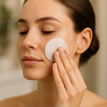 Woman using exfoliating facial pad on cheek – Reiland skincare AHA/BHA glow