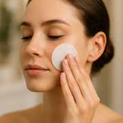 Woman using exfoliating facial pad on cheek – Reiland skincare AHA/BHA glow