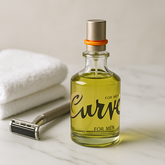 A lineup of Curve for Men cologne bottles including 1 oz, 2.5 oz, 4.2 oz, and 6.8 oz sprays plus aftershave, displayed in premium green and gold packaging on a clean white background, ideal for showcasing the full Curve collection on TikTok, Shopify, or product ads.