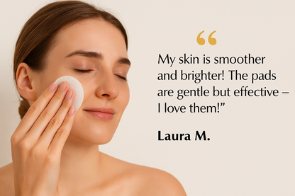 Testimonial image of Laura M. applying Reiland Exfoliating Facial Pad with a quote praising smoother, brighter skin. Highlights gentle yet effective AHA/BHA skincare results.