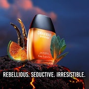 High-resolution close-up of the Drakkar Noir Intense label, highlighting luxury men’s cologne branding with masculine appeal.