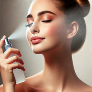 Woman with radiant, glowing skin using Reiland Vital-C Hydrating Mist – refreshing vitamin C facial spray for hydration and anti-aging
