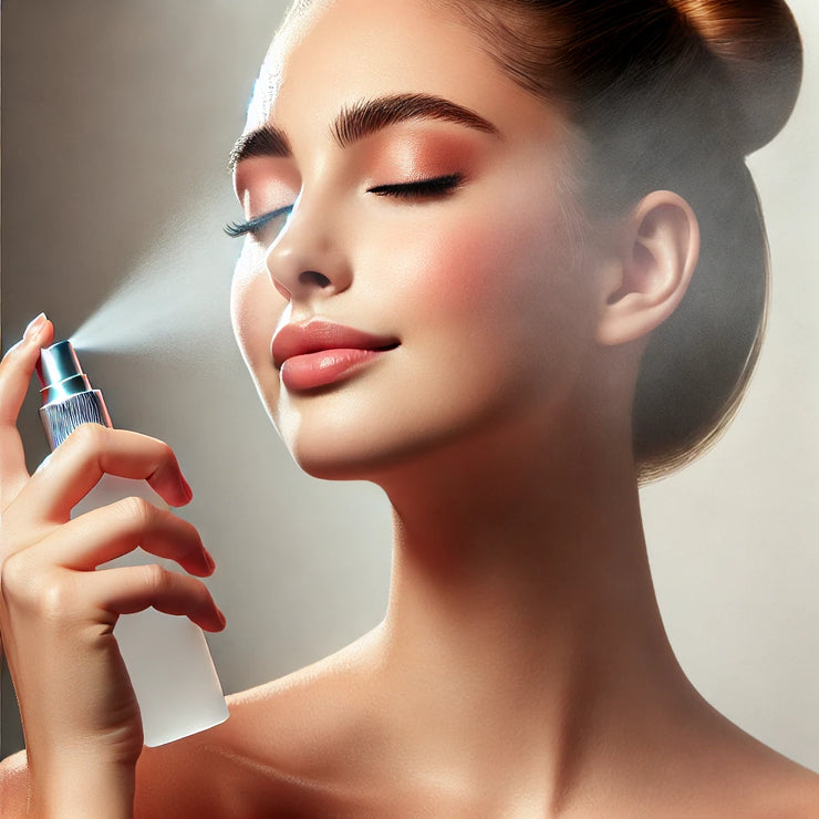 Woman with radiant, glowing skin using Reiland Vital-C Hydrating Mist – refreshing vitamin C facial spray for hydration and anti-aging