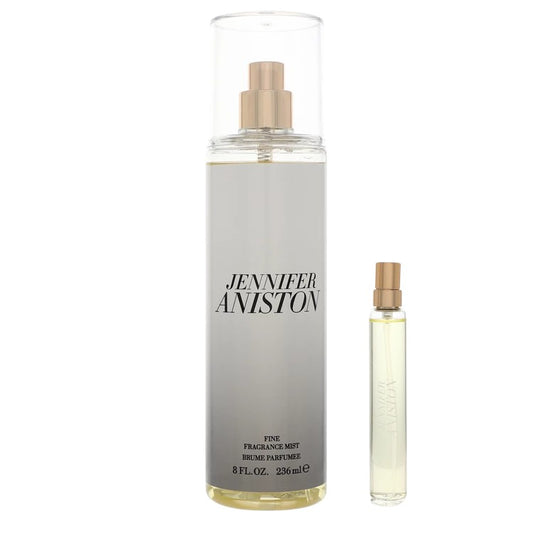 High-resolution image of the Jennifer Aniston Duo Fragrance Gift Set featuring a full-size 8 oz Body Mist and a 0.5 oz Mini Perfume Spray. Perfect for gifting, daily wear, or travel. Displayed side-by-side on a white background for a clean, professional product showcase.
