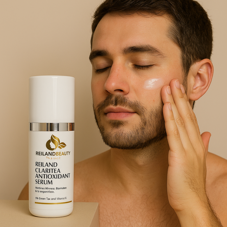 A young man applies Reiland Claritea Antioxidant Serum to his face beside the product bottle, highlighting its calming and clarifying benefits for all skin types.