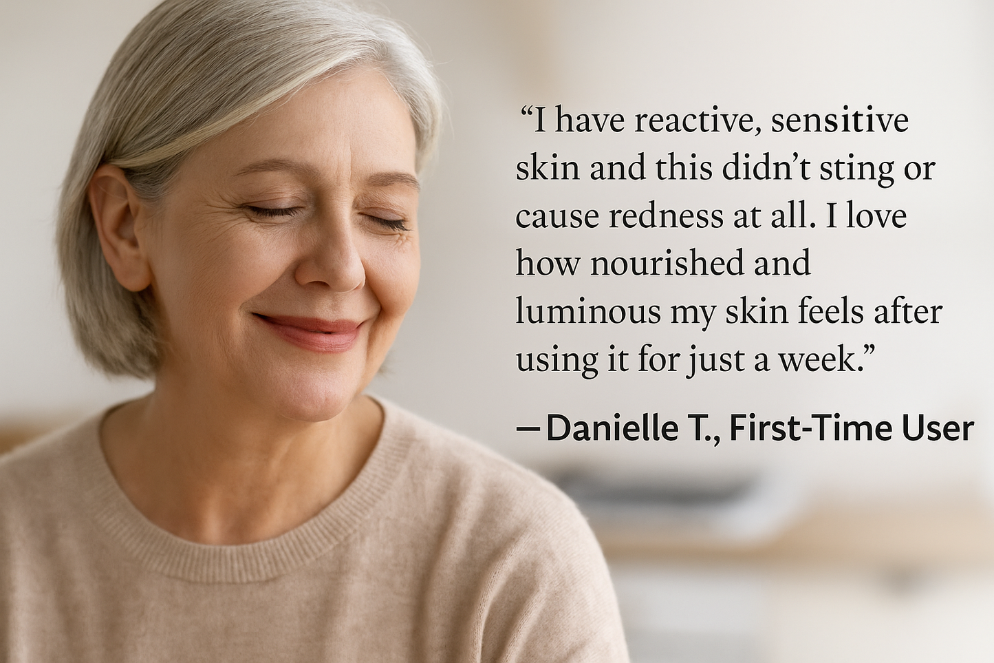 Testimonial image of Danielle T., a mature woman with radiant skin, sharing her experience using Reiland Radiance Renewal Elixir. Suitable for sensitive skin, leaves complexion nourished and luminous.