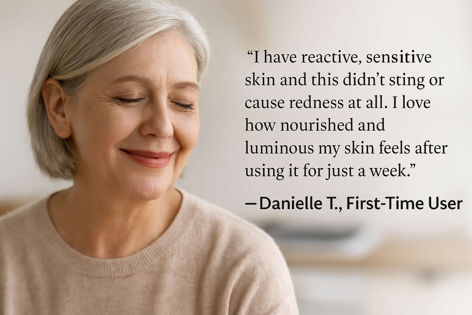 Testimonial image of Danielle T., a mature woman with radiant skin, sharing her experience using Reiland Radiance Renewal Elixir. Suitable for sensitive skin, leaves complexion nourished and luminous.