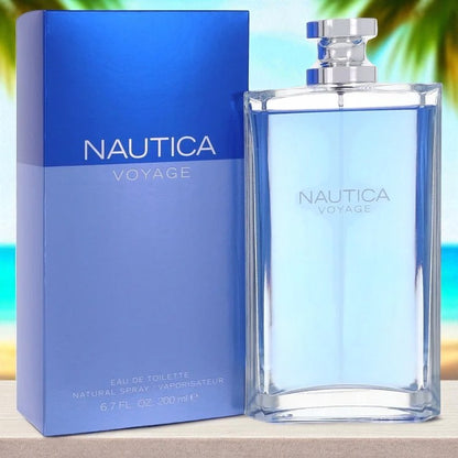 Nautica Voyage Cologne for Men in a large 6.7 oz clear bottle, displayed beside its matching blue box against a vibrant tropical beach background, evoking fresh, aquatic, and coastal energy.