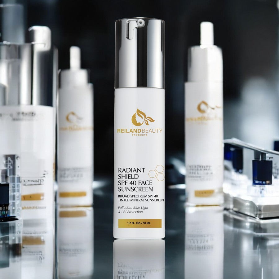 A high-tech skincare lab setting with a clean, futuristic glow. Molecular structures subtly blend into the background, emphasizing innovation and advanced skincare technology.