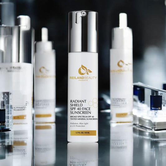 A high-tech skincare lab setting with a clean, futuristic glow. Molecular structures subtly blend into the background, emphasizing innovation and advanced skincare technology.