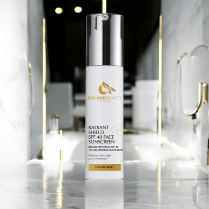A clean, modern bathroom vanity with a soft, glowing light. White marble counters, a mirror reflecting natural light, and elegant gold or silver accents create a premium skincare aesthetic.