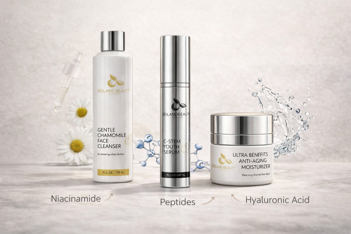 Reiland Advanced Age Reverse System displayed with subtle ingredient callouts highlighting peptides, niacinamide, and hyaluronic acid, shown in a clean, neutral setting to emphasize hydration, skin support, and daily skincare ritual.