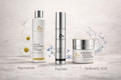 Reiland Advanced Age Reverse System displayed with subtle ingredient callouts highlighting peptides, niacinamide, and hyaluronic acid, shown in a clean, neutral setting to emphasize hydration, skin support, and daily skincare ritual.