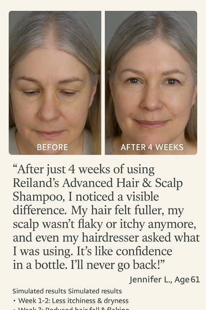 Before and after hair growth results of Jennifer L., age 61, using Reiland Advanced Hair & Scalp Shampoo. Noticeable reduction in thinning areas and improved scalp health after 4 weeks. Features natural ingredients including Postbiotics, Oat Amino Acids, and Salicylic Acid.