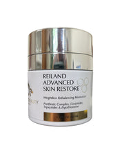 Front-facing image of Reiland Advanced Skin Restore moisturizer on a clean white background, showcasing postbiotic complex and ceramide-rich formula.