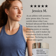 Testimonial image featuring Jessica M., a female athlete with sensitive, acne-prone skin, endorsing Reiland Advanced Skin Restore. She highlights how the moisturizer hydrates without clogging pores or causing breakouts, shown alongside the sleek product packaging.