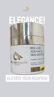 Promotional image of Reiland Advanced Skin Restore moisturizer featuring a sleek silver and white jar with bold text "Elegance!" and "Elevate Your Regimen!" highlighting its premium formula with postbiotics, ceramides, tripeptides, and ergothioneine.