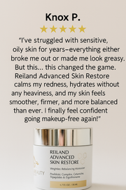 Testimonial image featuring Knox P.’s 5-star review of Reiland Advanced Skin Restore, highlighting benefits for sensitive, oily skin with a close-up of the luxury moisturizer jar.