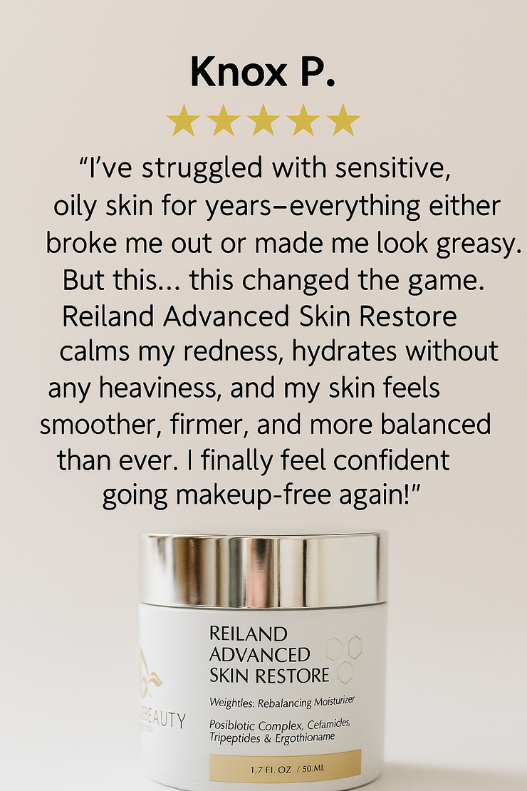 Testimonial image featuring Knox P.’s 5-star review of Reiland Advanced Skin Restore, highlighting benefits for sensitive, oily skin with a close-up of the luxury moisturizer jar.