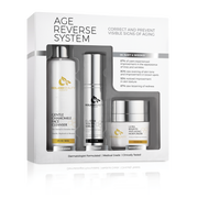 Image of Reiland Age Reverse System skincare set with firming cream, brightening serum, and peptide moisturizer for wrinkles and aging skin.