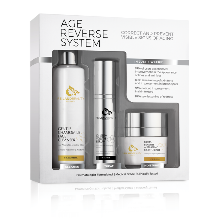 Image of Reiland Age Reverse System skincare set with firming cream, brightening serum, and peptide moisturizer for wrinkles and aging skin.