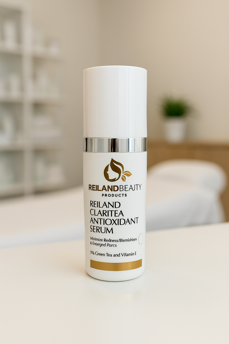 The Reiland Claritea Antioxidant Serum displayed in a clean, luxurious spa clinic environment, emphasizing its professional-grade skincare appeal and calming benefits.